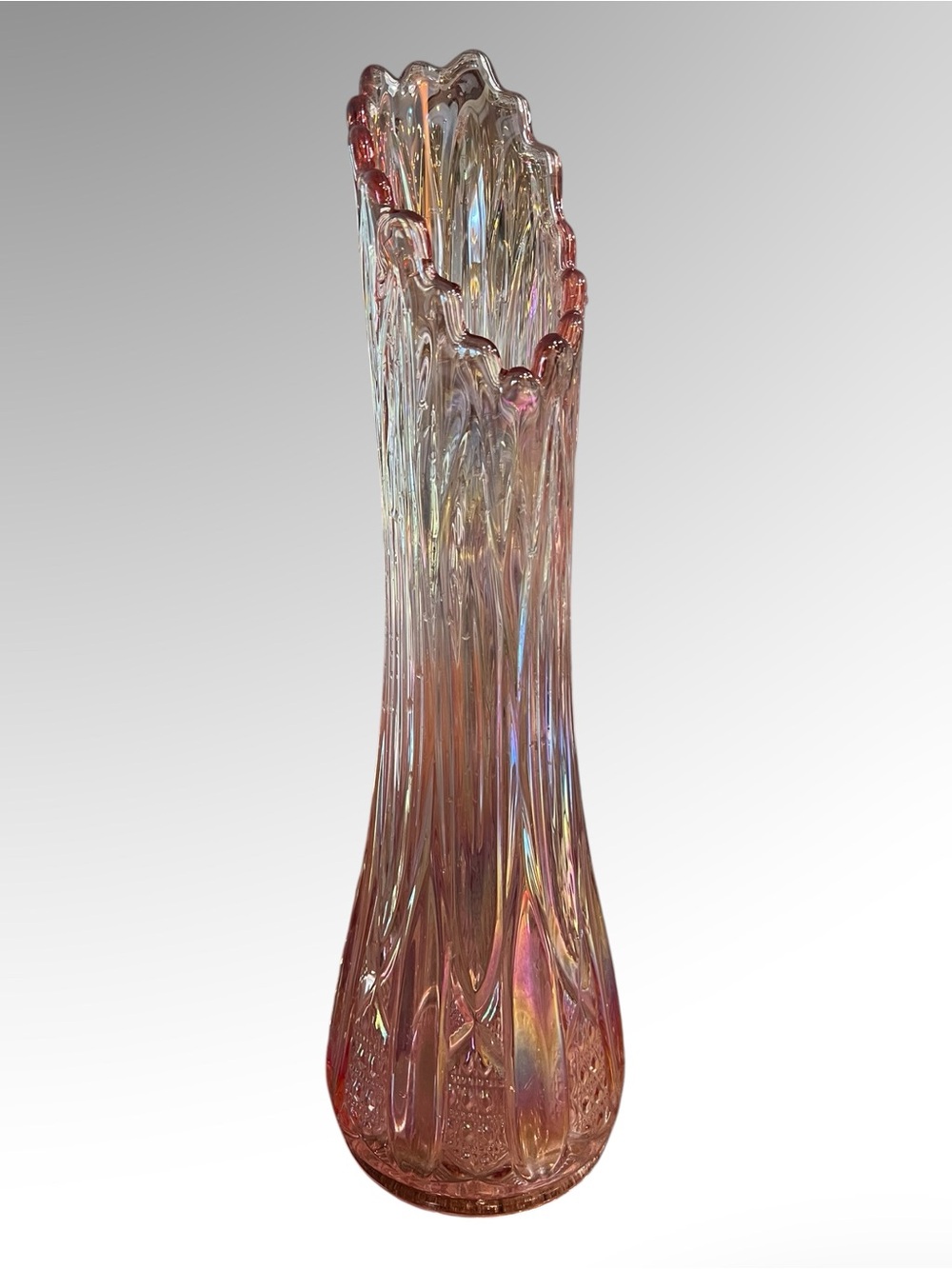 Pink Iridescent Glass Bud Vase     Swung vase